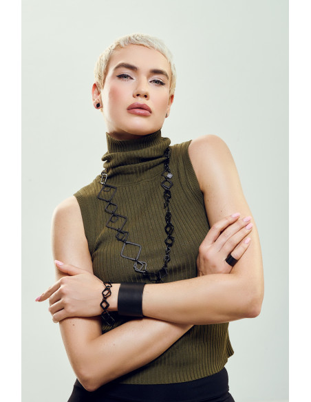 Black wide leather bracelet with matte stainless steel magnetic clasp