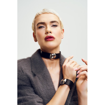 Black leather bracelet with wide polished steel element and classic design 2