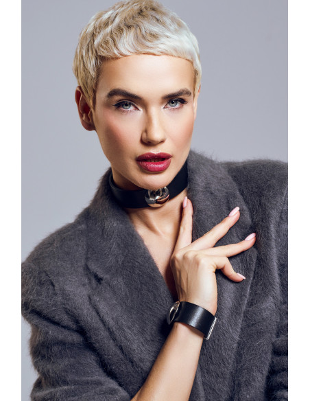 Black leather bracelet with wide polished steel element and classic design