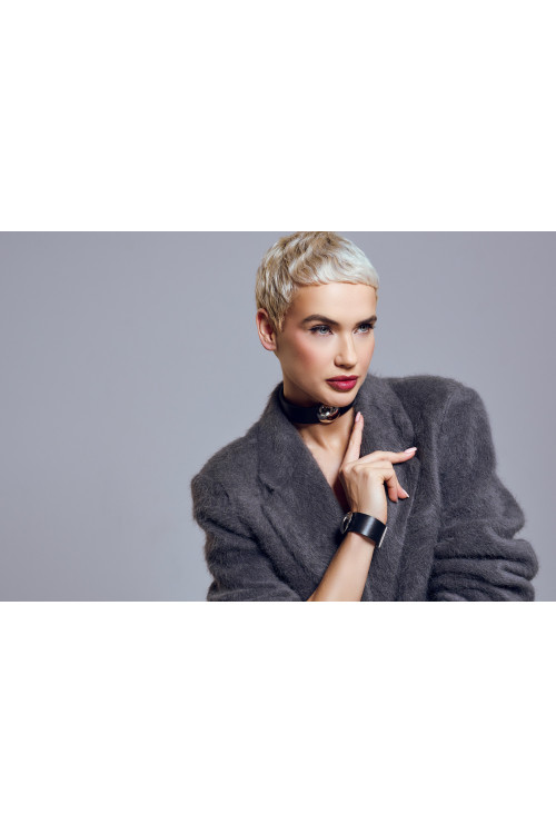 Handcrafted black leather choker with stainless steel hemisphere