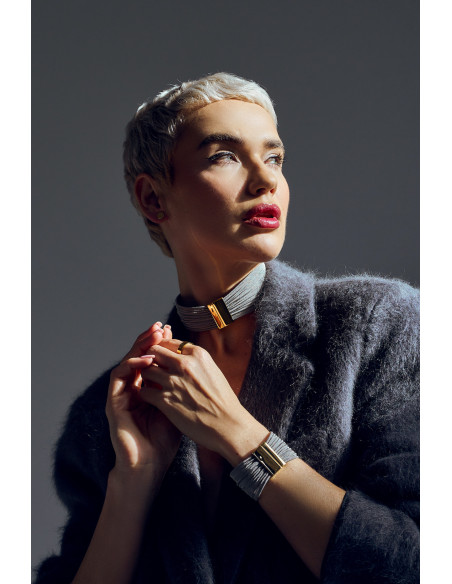 Gold stainless steel choker with fine steel mesh and magnetic clasp