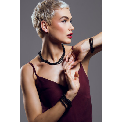 Matte black stainless steel choker with three different chains combined into one design 2