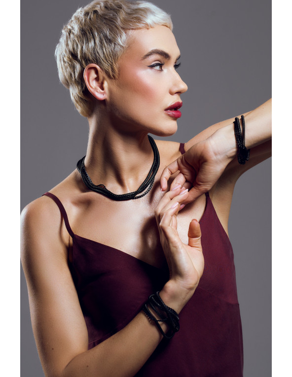 Matte black stainless steel choker with three different chains combined into one design