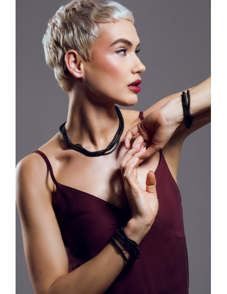 Matte black stainless steel choker with three different chains combined into one design