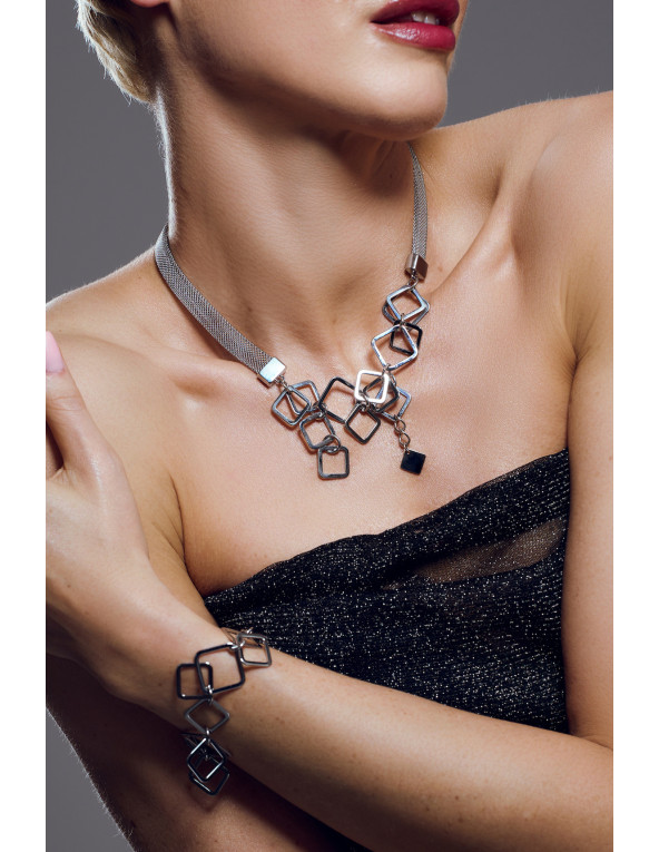 Silver stainless steel mesh necklace with square elements