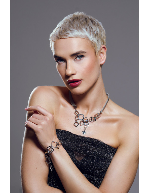 Silver stainless steel mesh necklace with square elements