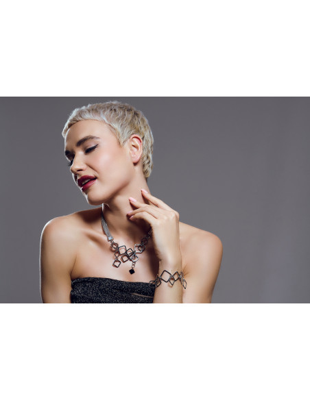 Silver stainless steel mesh necklace with square elements