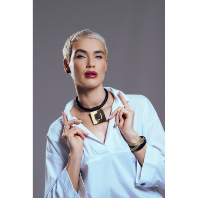 Leather choker necklace with gold square pendant by Moora. 2