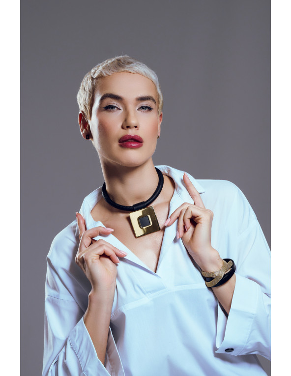 Leather choker necklace with gold square pendant by Moora.