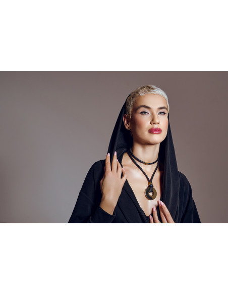 Leather necklace with gold-plated circle pendant by Moora – black cord, gold element.