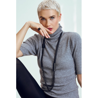 Long matte black leather and stainless steel necklace 2