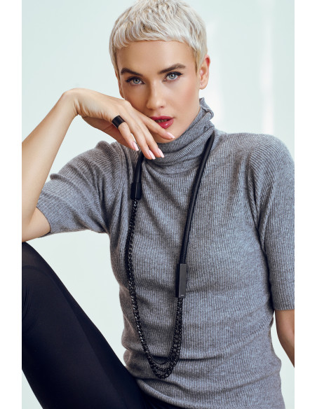 Long matte black leather and stainless steel necklace