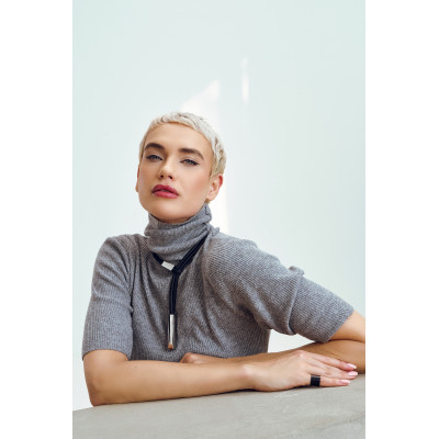 2-in-1 black leather and stainless steel necklace with rectangular polished steel elements 2