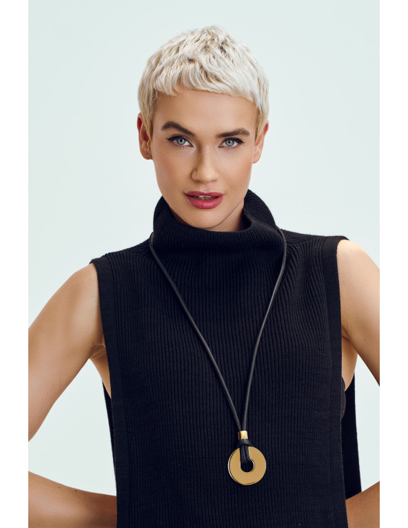Leather necklace with gold-plated circle pendant by Moora – black cord, gold element.