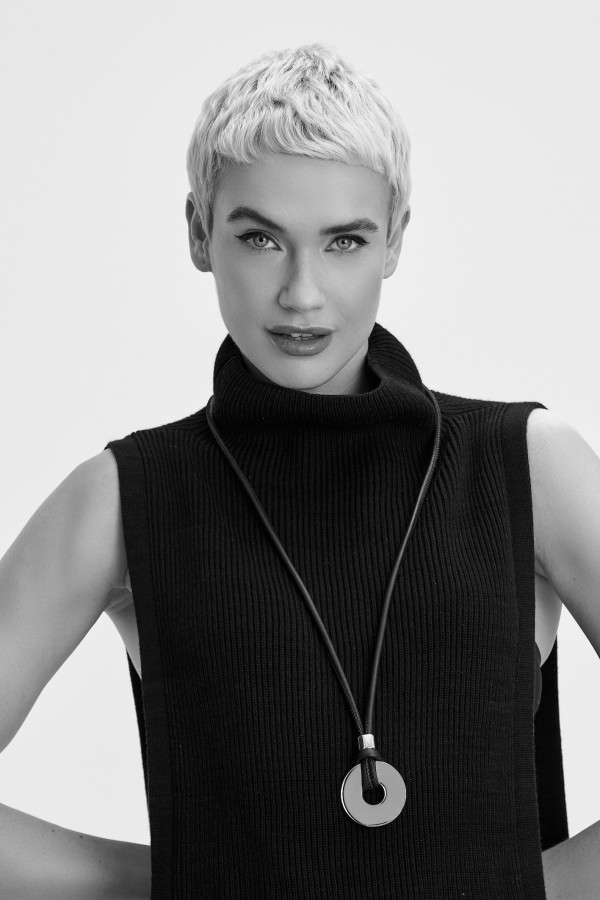 Black leather necklace with shiny stainless steel circular pendant 2