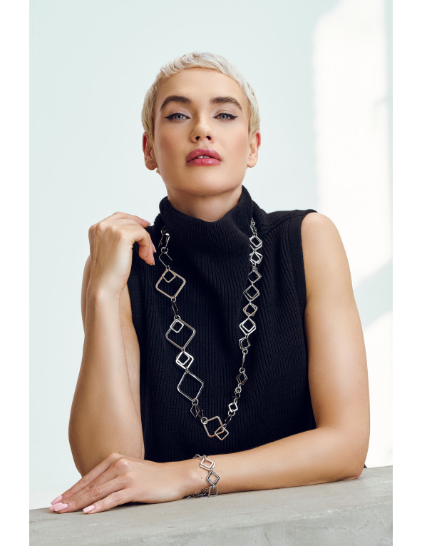 Long silver stainless steel 3D necklace with movable geometric elements