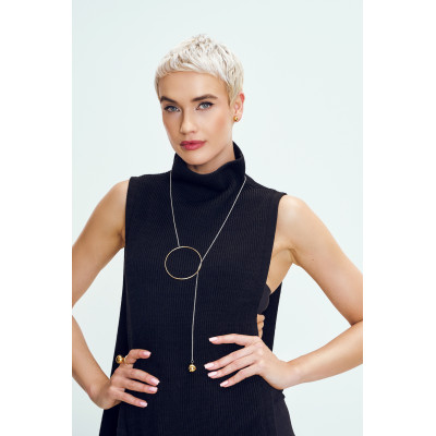 Silver long stainless steel necklace with gold sphere and ring accents. 2