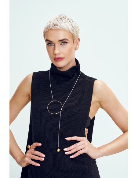 Silver long stainless steel necklace with gold sphere and ring accents.