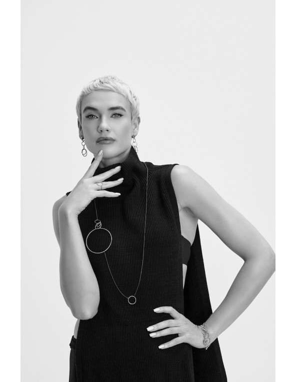 Black and silver long stainless steel necklace with minimalist modern design