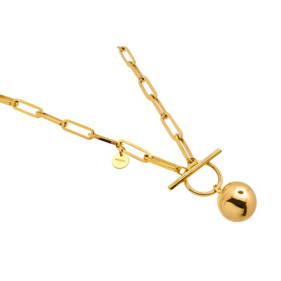 Gold stainless steel choker necklace with large links and decorative sphere
