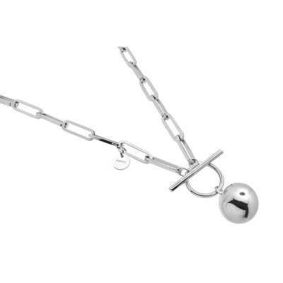 Silver stainless steel choker necklace with large links and decorative sphere