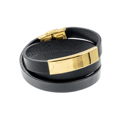 Black leather bracelet with a gold-plated element and watch clasp, perfect as a gift.
