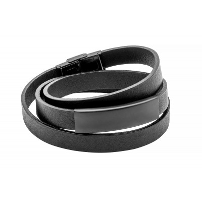 Black leather bracelet with matte steel detail and watch clasp, perfect as a gift.