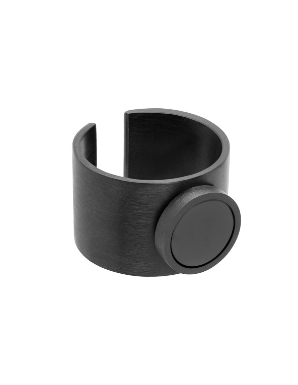 Black women's signet ring made of brushed stainless steel with a shiny black accent