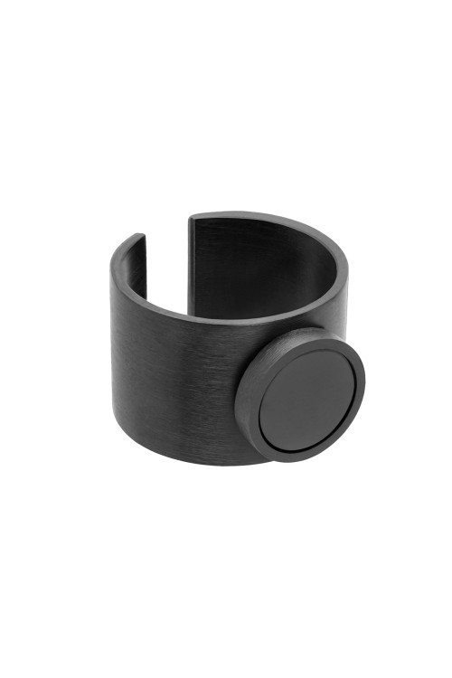 Black women's signet ring made of brushed stainless steel with a shiny black accent