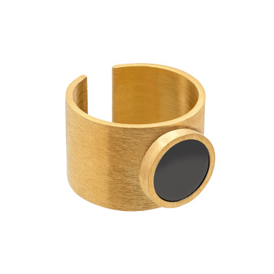 Women's gold signet ring made of matte stainless steel with a shiny black stone