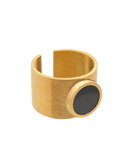 Women's gold signet ring made of matte stainless steel with a shiny black stone