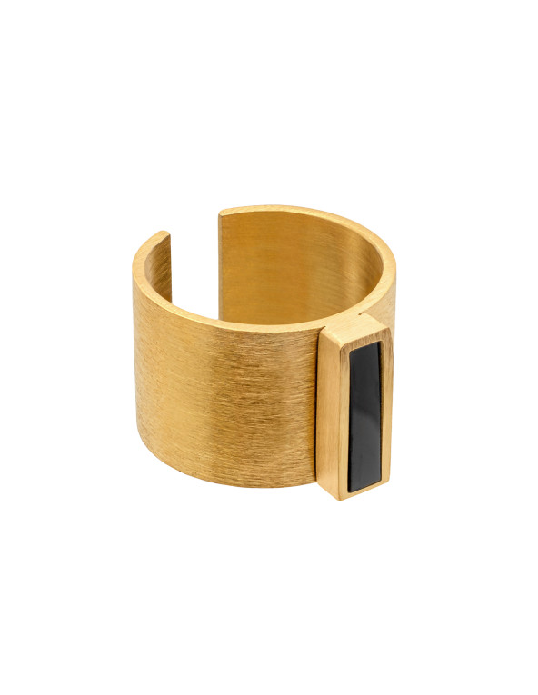 Gold women’s signet ring made of matte stainless steel with a black rectangle