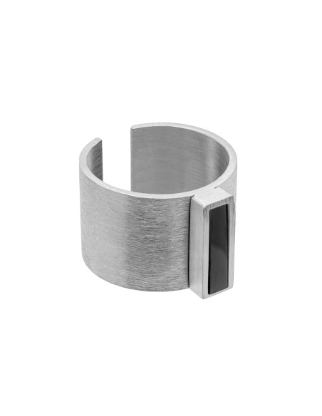 Women's silver signet ring made of brushed stainless steel with a black rectangle