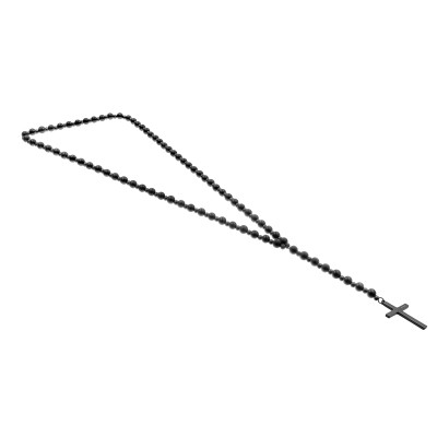 Men’s long necklace made of matte black onyx beads with stainless steel cross pendant.