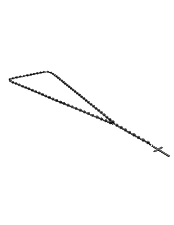 Men’s long necklace made of matte black onyx beads with stainless steel cross pendant.