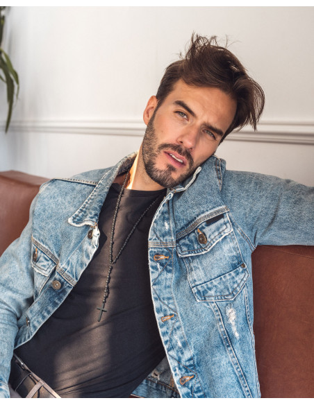 Men’s long necklace made of matte black onyx beads with stainless steel cross pendant.