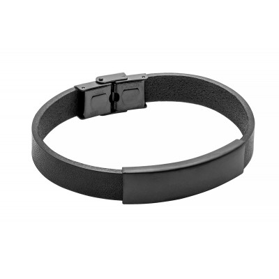 Black leather bracelet with matte steel and engraving option – perfect for her or him.