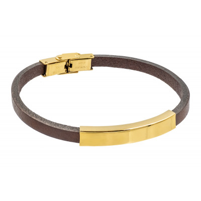 Men’s brown leather bracelet with gold-colored steel plate and watch-style clasp.