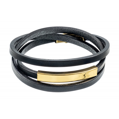 Triple-wrap black leather bracelet with gold-colored steel plate and engraving option – for her or him.