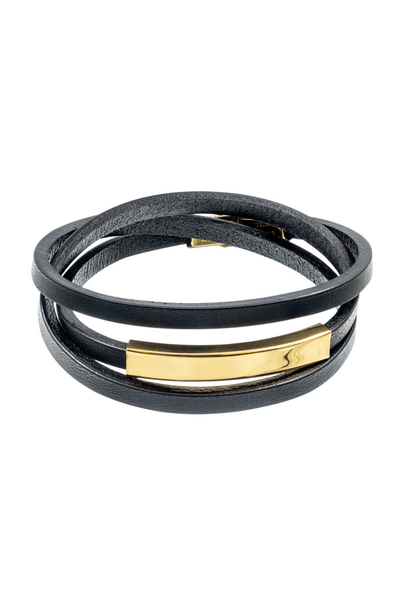 Triple-wrap black leather bracelet with gold-colored steel plate and engraving option – for her or him.