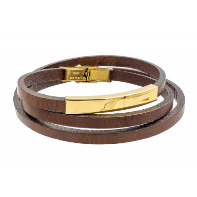 Triple-wrap brown leather bracelet with gold-colored steel plate and engraving option – for her or him.