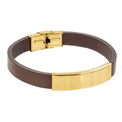 Brown leather bracelet with gold-colored steel plate and engraving – a gift for her or him.