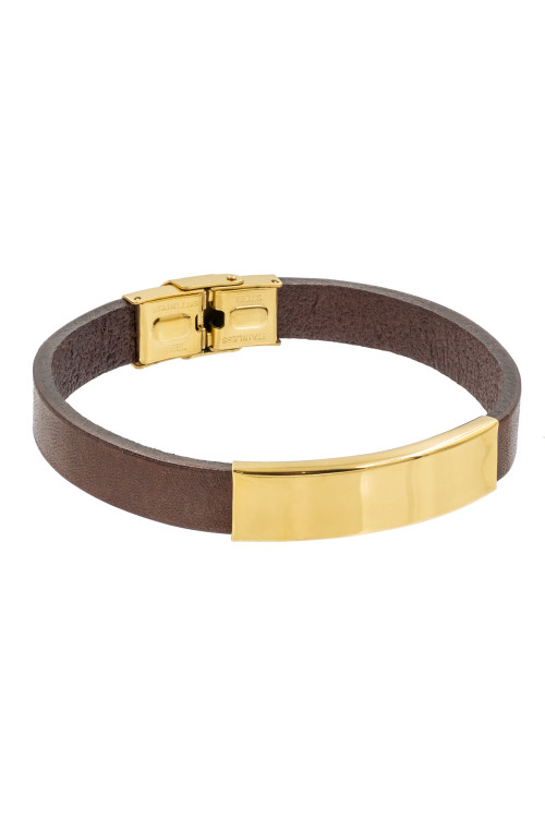 Brown leather bracelet with gold-colored steel plate and engraving – a gift for her or him.