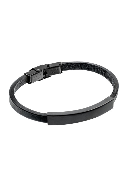 Black leather bracelet with matte black steel plate and engraving – minimalist gift for her or him.