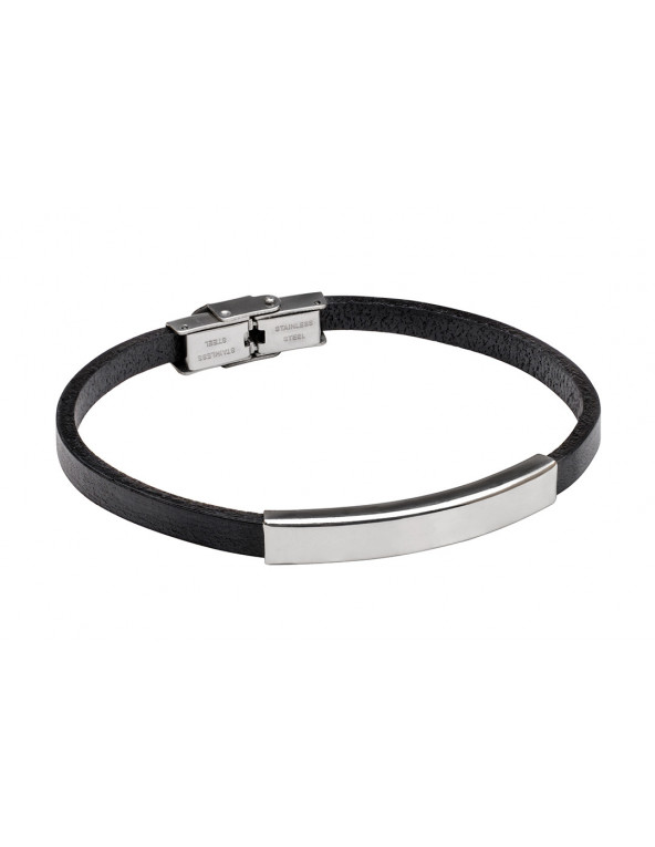 Black leather bracelet with silver stainless steel plate and engraving – personal gift for her or him.