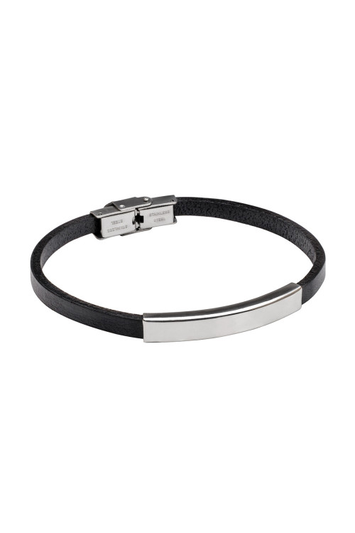 Black leather bracelet with silver stainless steel plate and engraving – personal gift for her or him.