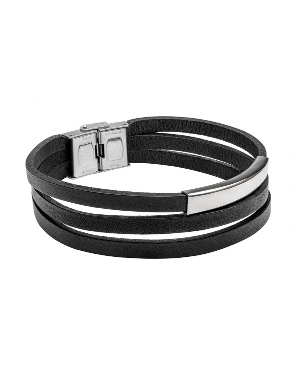Black leather bracelet with engraving and silver stainless steel plate – bold, modern and personal.