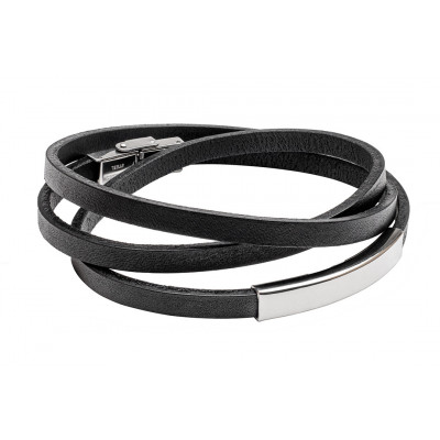 Triple-wrap black leather bracelet with engraving and silver stainless steel accent – bold and personal