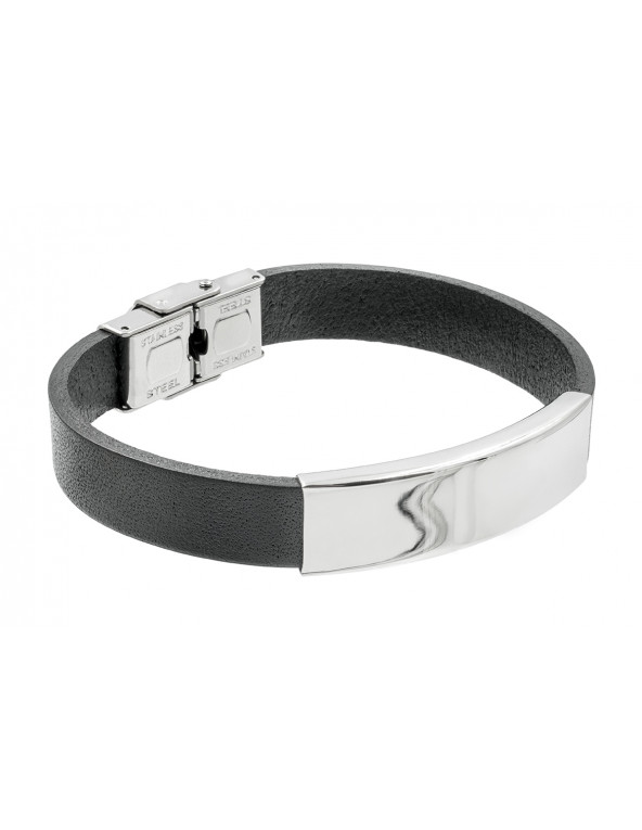 Black leather bracelet with engraving and silver stainless steel element – minimalist and personal.