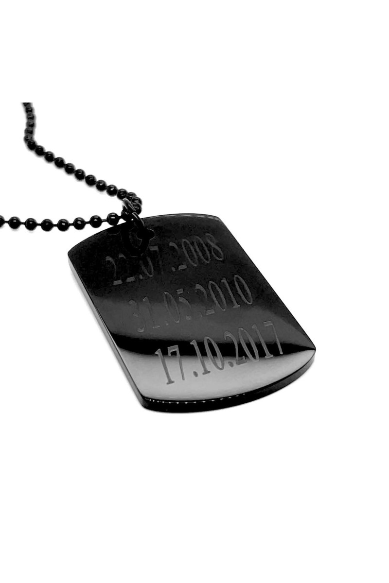 Black stainless steel dog tag with engraving – personalized, bold accent
